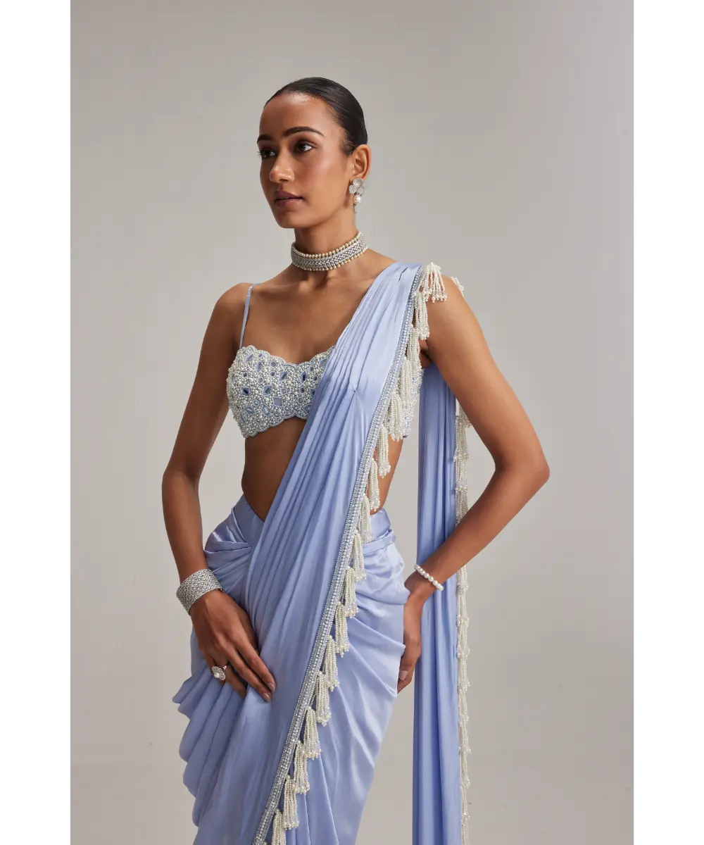 VVANI VATS- Dew Blue Satin Draped Saree Set